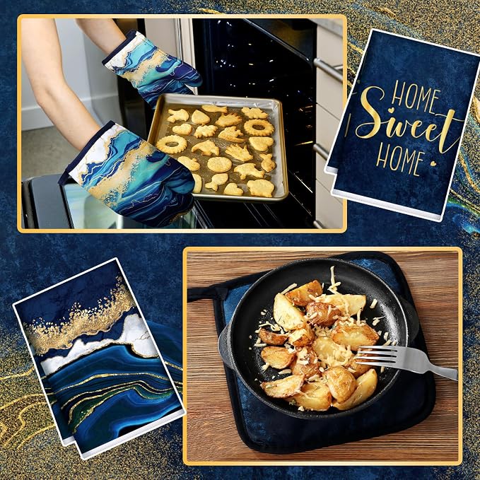 Bencailor 6 Pcs Marble Kitchen Decor Gold Pot Holders Oven Mitts 2 Dish Towels - Image 6