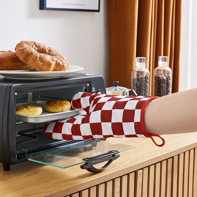 Ohocut Red Checkered Oven Mitts Heat Resistant, Vintage Retro Checkerboard Cute - Image 2