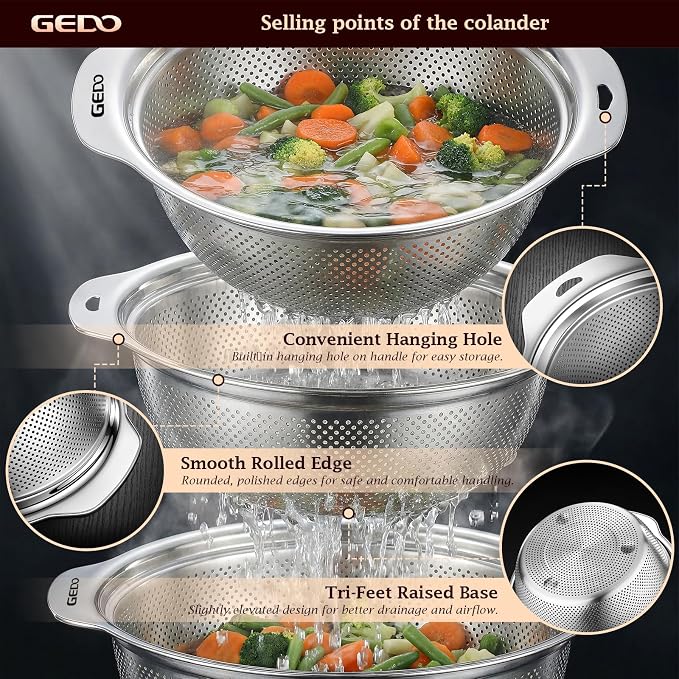 GEDO 304 Stainless Steel Colander Set, 3 Pack Kitchen Food Strainer - Image 5