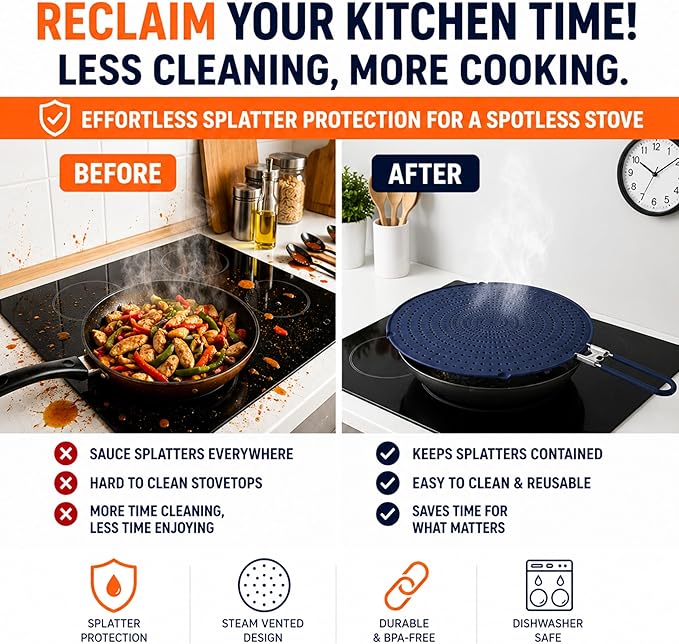 Silicone Splatter Screen for Frying Pan, 13” Navy – Grease & Oil Splatter Guard - Image 2