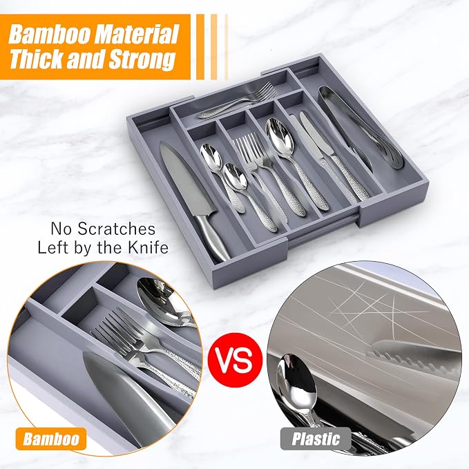 Kitchen Silverware Drawer Organizer and Storage Bamboo Wood Cooking Utensil - Image 2
