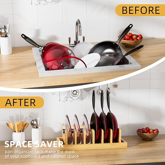Bamboo Pot Lid Organizer Pot Lid Holder, Pot and Pan Organizer Drawer Organizer - Image 3