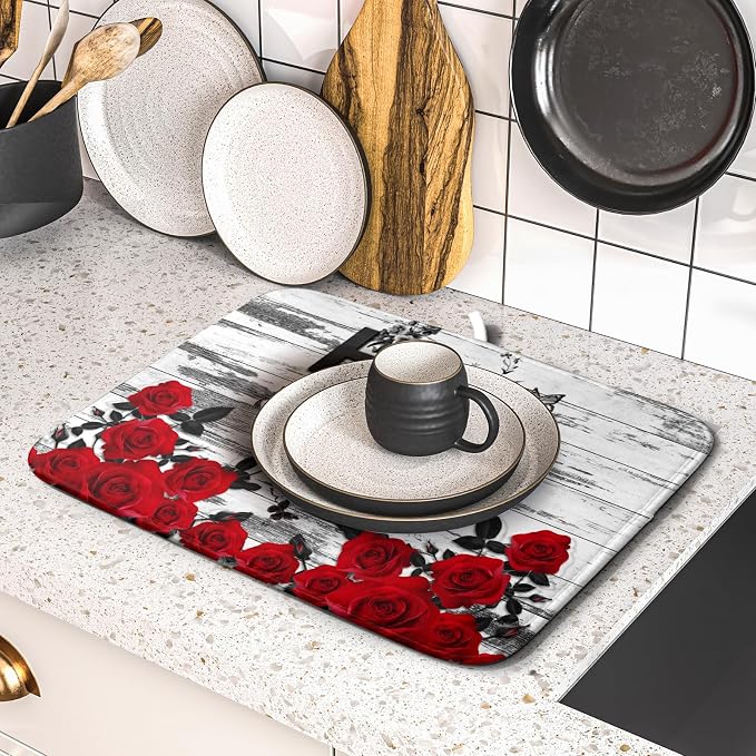 Red Rose Dish Drying Mat 16x18 inch Romantic Floral Absorbent Microfiber Sink - Image 5