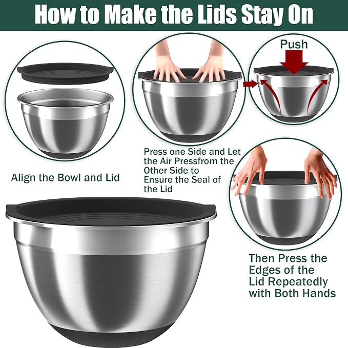 Mixing Bowls with Airtight Lids Set, 4 Stainless Steel Bowls Nesting Bowls & - Image 6