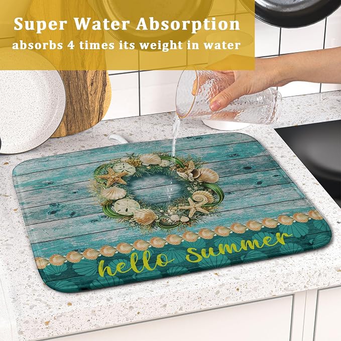 Hello Summer Dish Drying Mat for Kitchen Counter, Sea Shell Starfish Coastal - Image 7