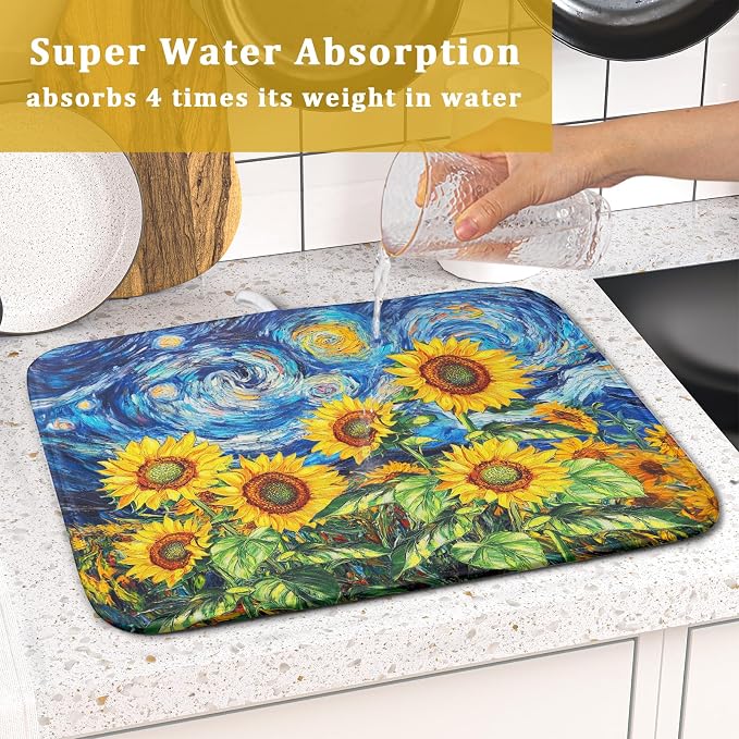 Sunflower Dish Drying Mat for Kitchen Counter 18x16 Inch Starry Night Drying Mat - Image 7