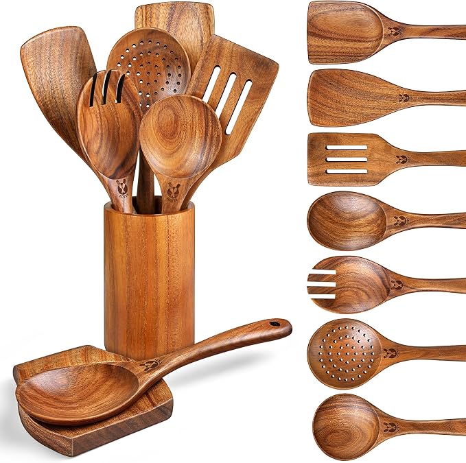 Wooden Spoons for Cooking, Comfortable Grip Wooden Cooking Utensils Set by Unknown