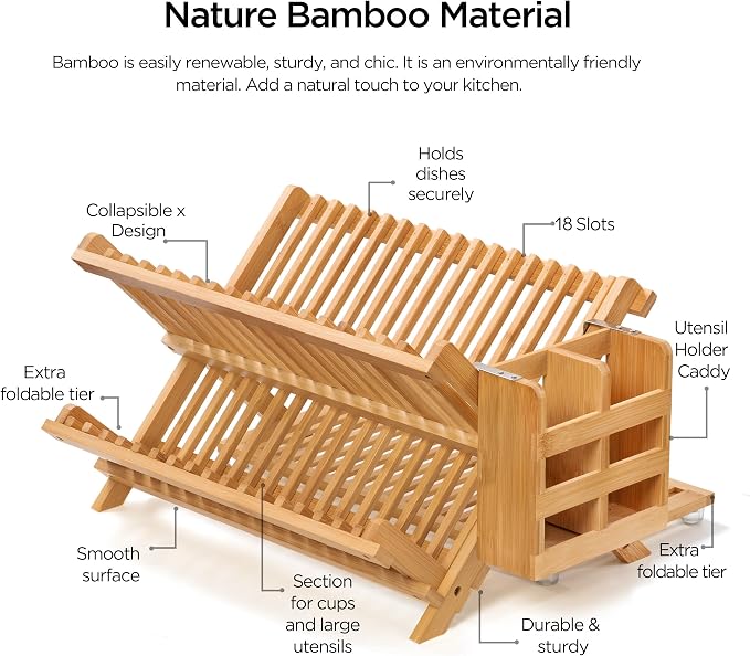 Bamboo Dish Drying Rack with Utensil Holder, 3 Tier Collapsible Dish Rack - Image 3