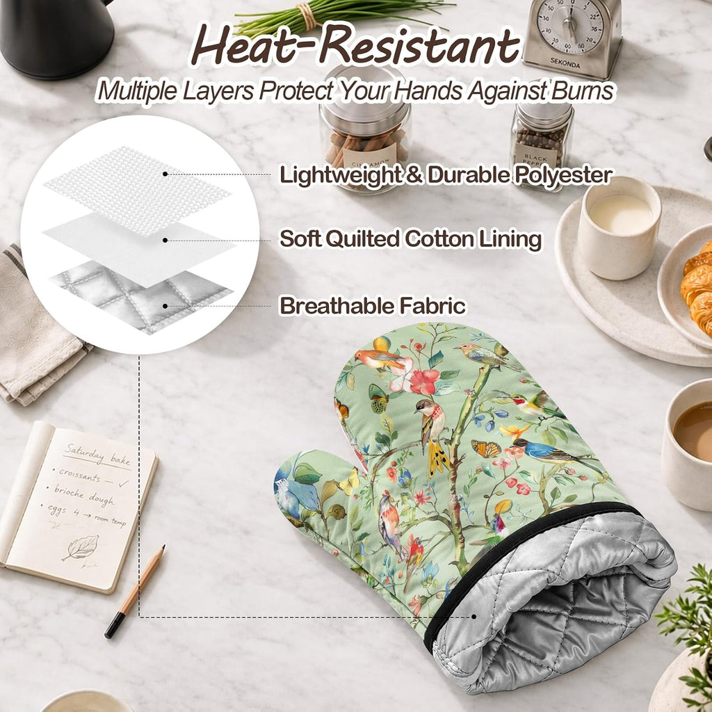 Bird Oven Mitts and Pot Holders Sets 3PCS, Floral Botanical Print