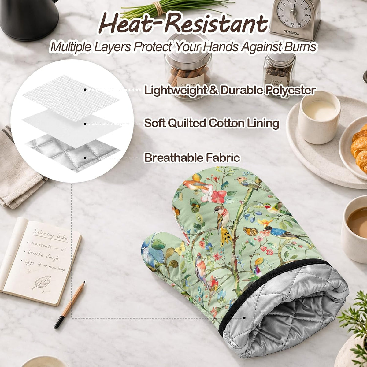 Bird Oven Mitts and Pot Holders Sets 3PCS, Floral Botanical Print
