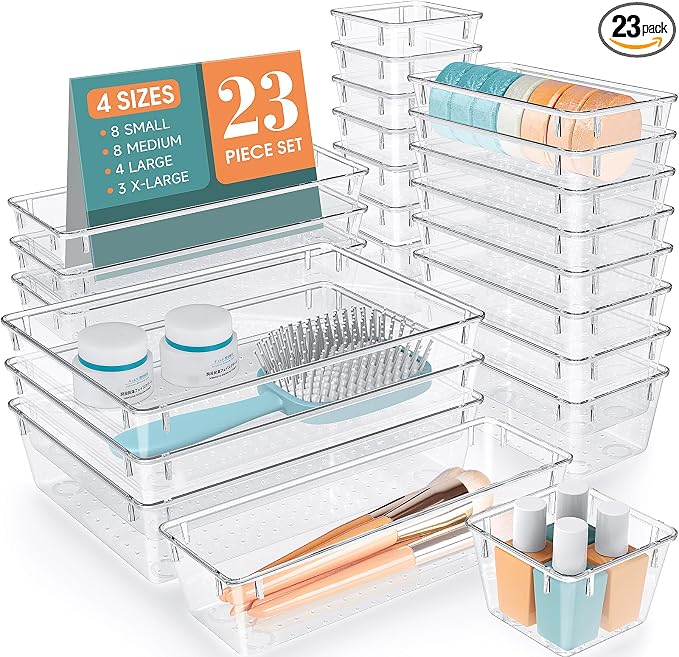 StorMiracle 23 PCS Clear Plastic Drawer Organizers Set, 4 Size Desk Drawer by StorMiracle