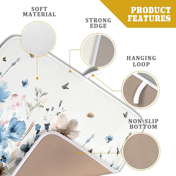 Giwawa Watercolor Floral Dish Drying Mat, Spring Summer Wildflower Microfiber - Image 4