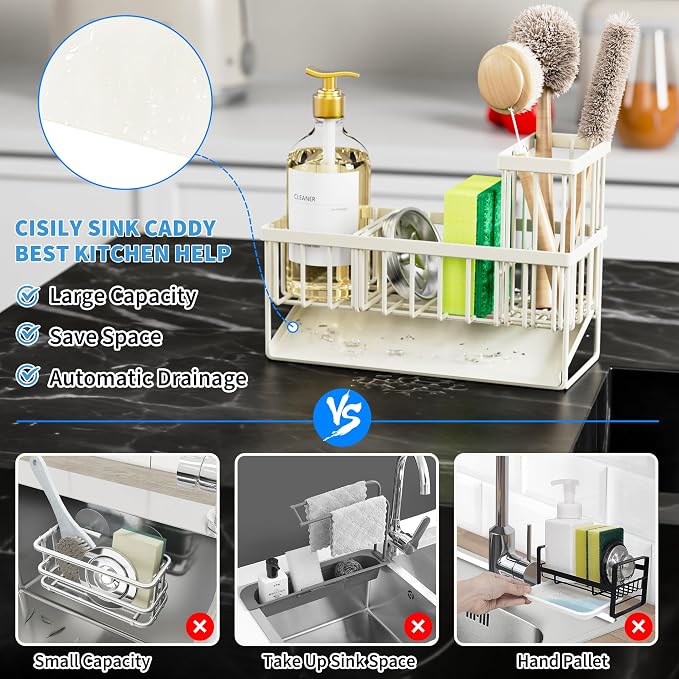 Cisily Off White Sponge Holder for Kitchen Sink, Sink Caddy Organizer - Image 3