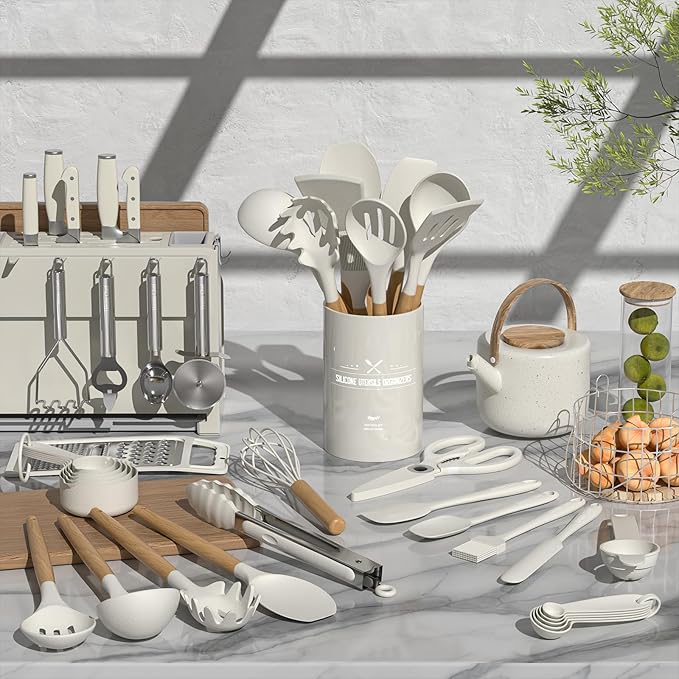 Umite Chef Silicone Kitchen Utensil Set, Cream White Wood Handles - Image 2