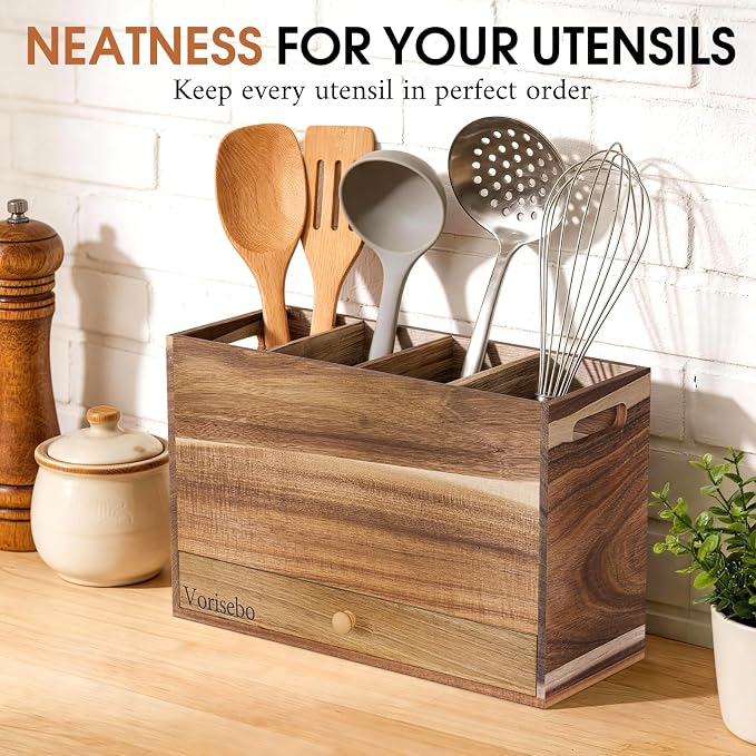 Acacia Wood Kitchen Utensil Holder - Image 6