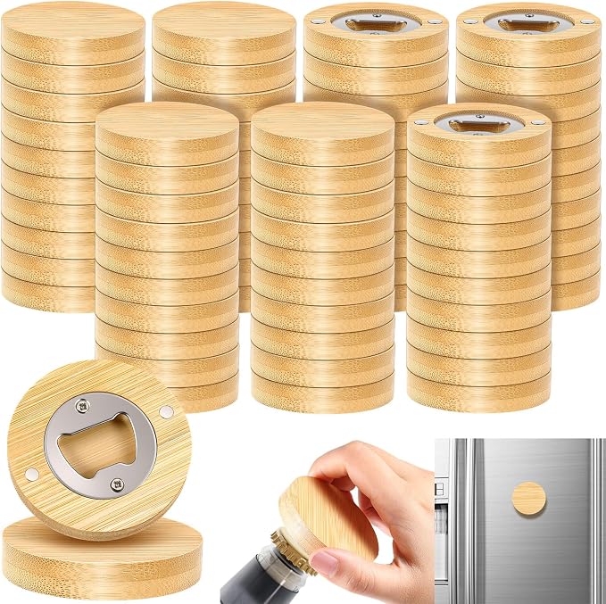 Vesici 70 Pcs Magnetic Bottle Opener 2.5in DIY Bamboo Round Shape Beer Openers by Vesici