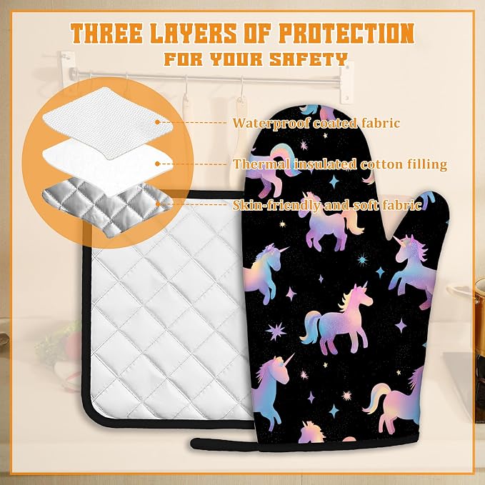 Cute Unicorn Pattern Oven Mitts and Pot Holders Set - Image 3