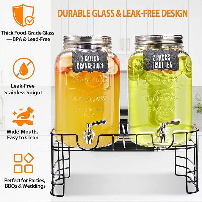 2 Gallon Large Glass Drink Dispenser Set, 2 Pack Beverage Dispensers - Image 3