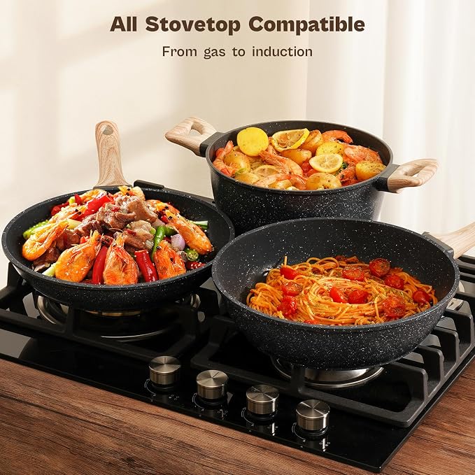 13 Pcs Pots and Pans Set, Nonstick Cookware Sets Black Granite Induction - Image 4