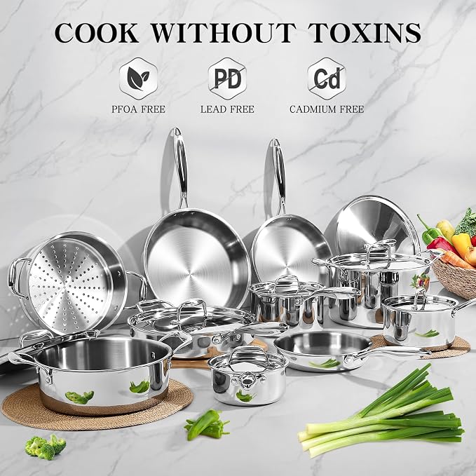EWFEN Stainless Steel Cookware Set, 3 Ply 17 Piece Stainless Steel Pot and Pan - Image 2