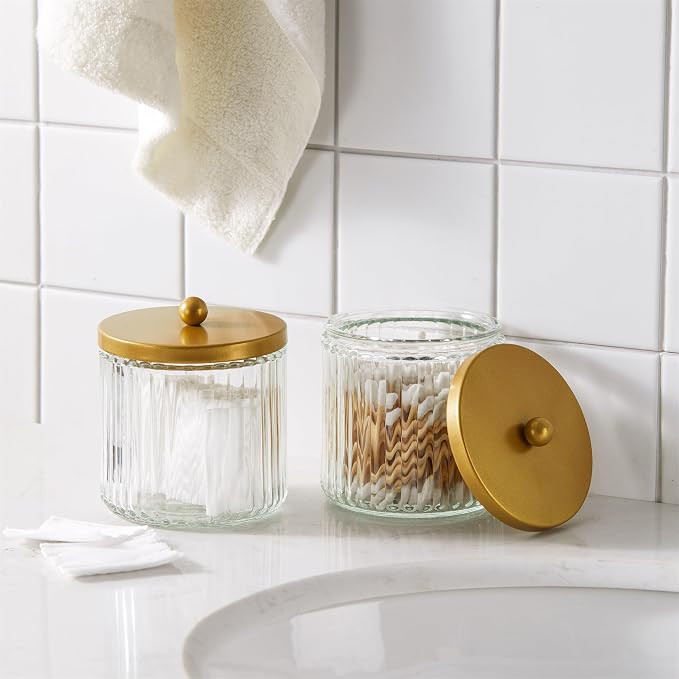 KMwares Matte Golden Yellow Set of 2 Glass Qtip Holder Dispenser Set - Image 2