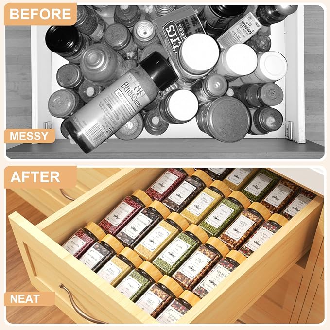 24 Spice Jars with Spice Drawer Organizer, 355 Spice Labels, 2 Pack Expandable - Image 5