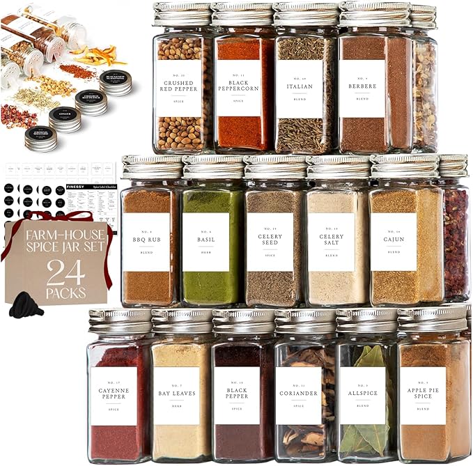 FINESSY Glass Spice Jars with Labels with Metal Lids and Shakers 24 Pack Set by Finessy