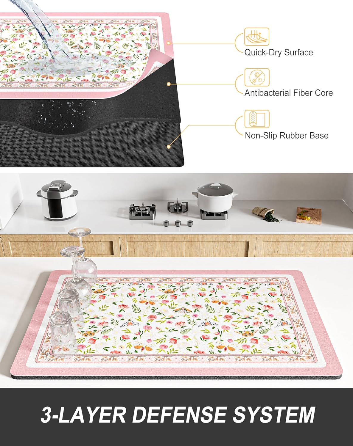 Rnivvi Dish Drying Mat for Kitchen Counter, 12 x 19" Cute Flower Theme