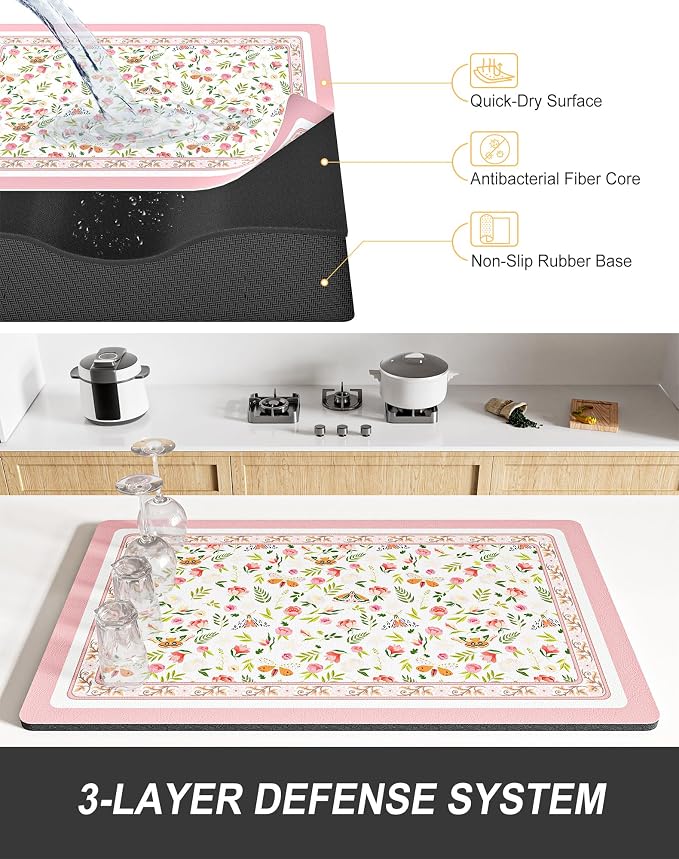 Rnivvi Dish Drying Mat for Kitchen Counter, 12 x 19" Cute Flower Theme Super - Image 4