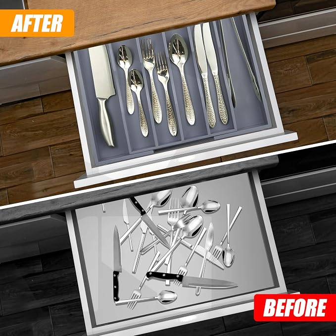 Kitchen Silverware Drawer Organizer and Storage Bamboo Wood Cooking Utensil - Image 3