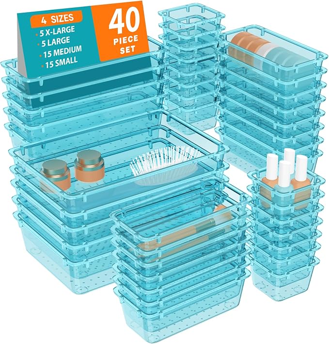 WOWBOX 40 PCS Plastic Drawer Organizer Set, 4 Sizes Desk Drawer Organization by WOWBOX