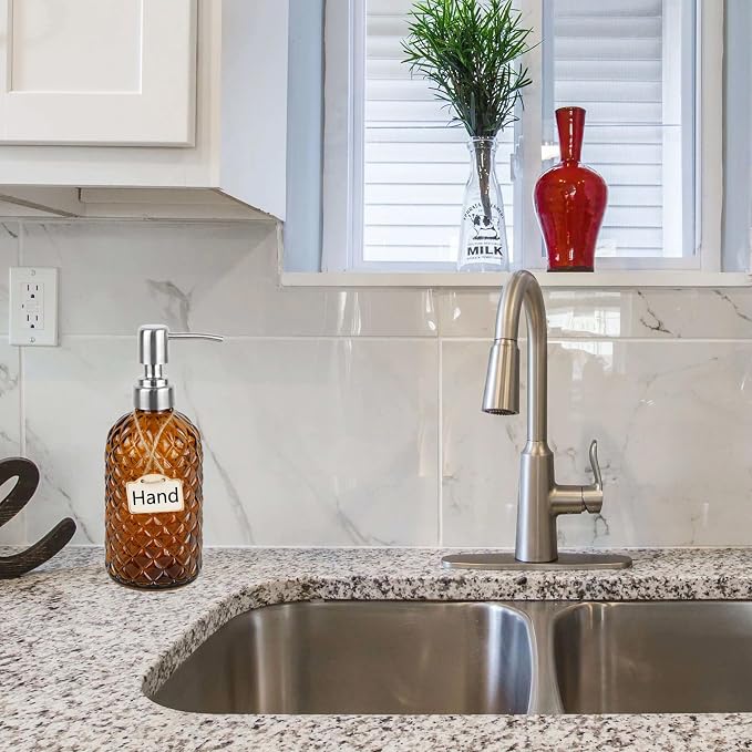 16 oz Diamond Pattern Glass Soap Dispenser, Kitchen and Bathroom Refillable - Image 4