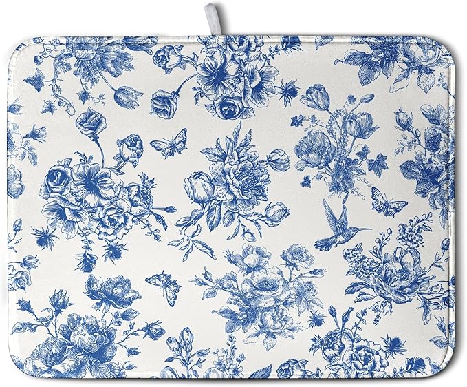 Dish Drying Mat for Kitchen Counter Blue and White Floral Drying Mats by Kwlegh