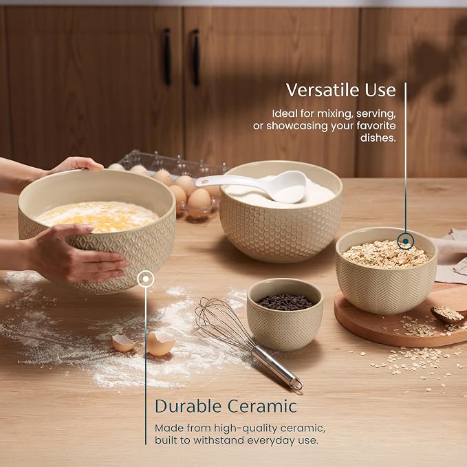 KooK Ceramic Mixing Bowls, Nesting Set of 4, Embossed Kitchen Dishware - Image 4