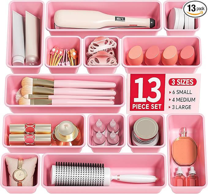Canfanni 13 Pack Plastic Drawer Organizers Set, 3 Sizes Desk Drawer Organizer by Canfanni