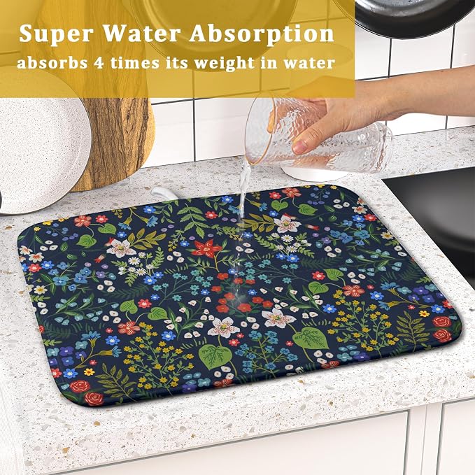 Flower Floral Dish Drying Mat Microfiber Navy Blue Absorbent Drying Pad - Image 7