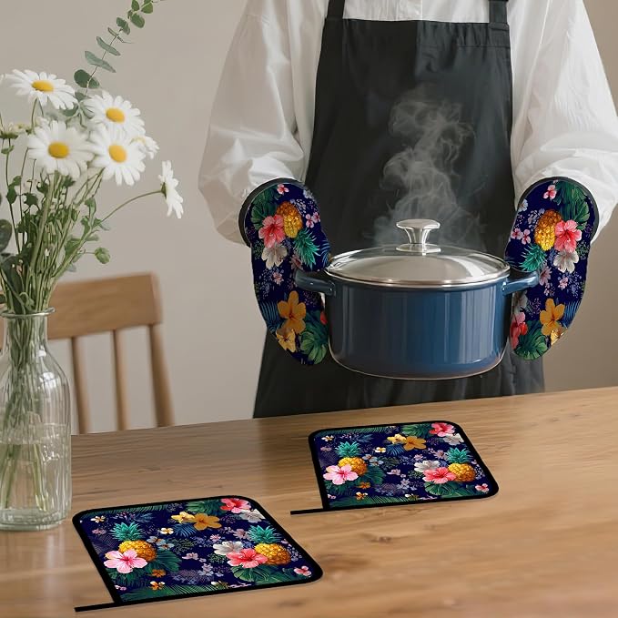 Palm Leaf Tropical Oven Mitts and Pot Holders, Pineapple Hibiscus Heat - Image 7