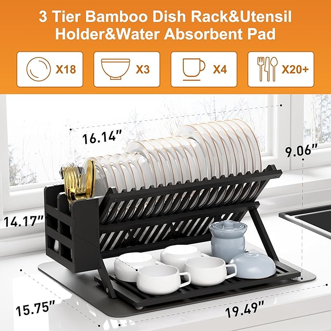 Greenual Black Bamboo Dish Drying Rack - Image 2