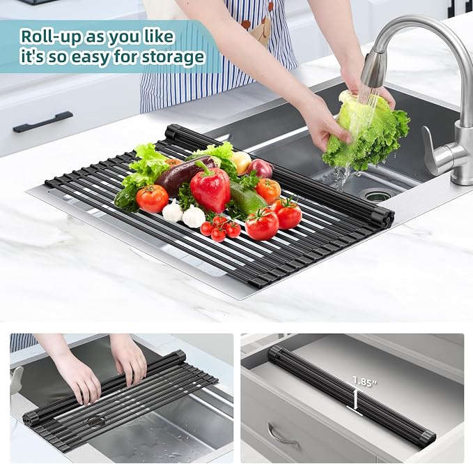 Ohuhu Sink Drying Rack, 20.5" W x 16.1" L Over Sink Roll-Up Dish Drainer - Image 6