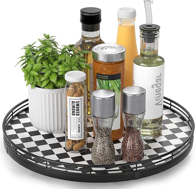 Black and White Kitchen Lazy Susan Turntable – Checkered Round Decorative Tray by AMH