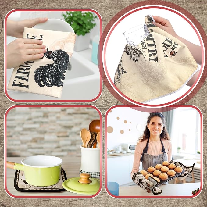 Fourluoo 10 Pcs Barn Chicken Kitchen Dish Towels Rugs Oven Mitts and Pot - Image 6