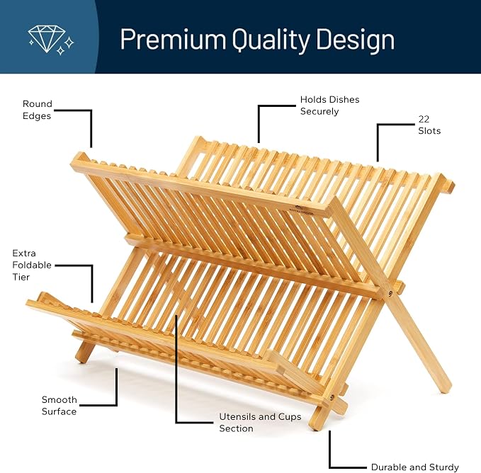 RoyalHouse Premium Natural Bamboo Dish Rack, Collapsible Dish Drainer, Foldable - Image 5