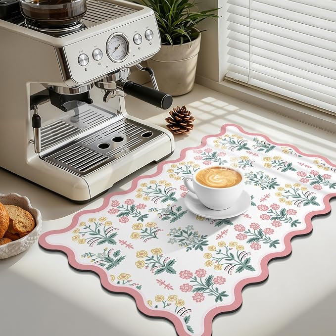 LOKHOM Scalloped Floral Dish Drying Mat, Cuttable Hide Stain Non-slip Drying Mat - Image 4