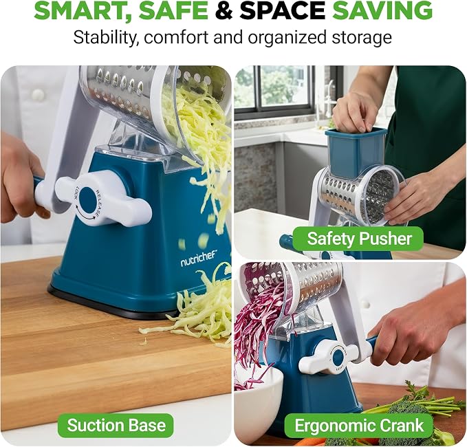 NutriChef 3 in 1 Cheese Grater & Shredder | Strong Suction Base, Rotary Handle - Image 7