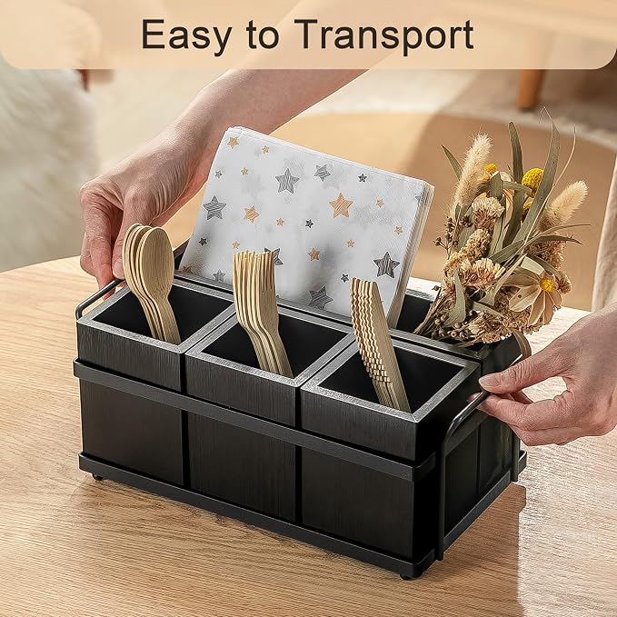 PTSTING Silverware Caddy Black Wood Silverware Holder Paper Plate Dispenser - Image 4