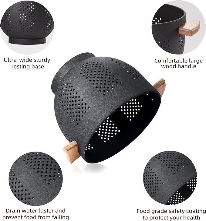 Metal Colander with Wood Handle and Stable Base, Powder Coated Steel Kitchen - Image 3
