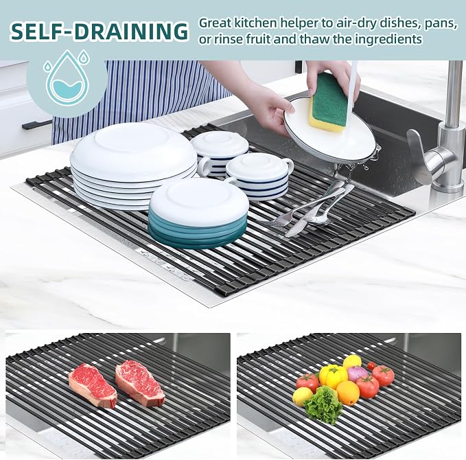 Ohuhu Sink Drying Rack, 20.5" W x 16.1" L Over Sink Roll-Up Dish Drainer - Image 2