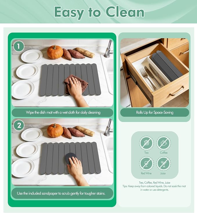 Large Stone Dish Drying Mat for Kitchen Counter, Quick Dry Diatomaceous Earth - Image 5