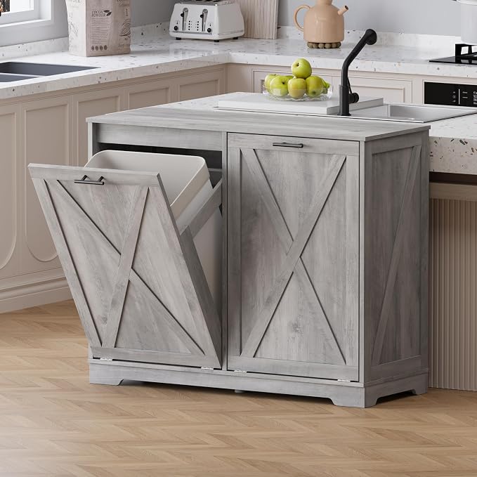 Double Tilt Out Trash Can Cabinet, Wooden Farmhouse Kitchen Garbage Bin - Image 3