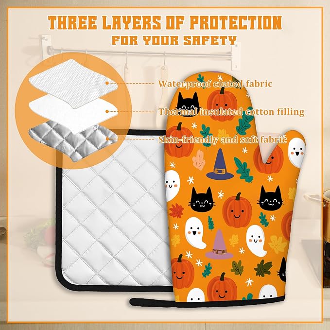Halloween Pumpkins Oven Mitts and Pot Holders Set, Ghosts Black Cats Kitchen - Image 3